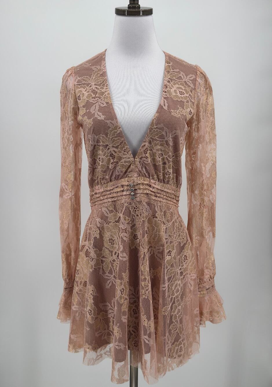 For Love & Lemons Rose Gold Floral Lace Open Back V Neck Mini Dress Sz L NEW